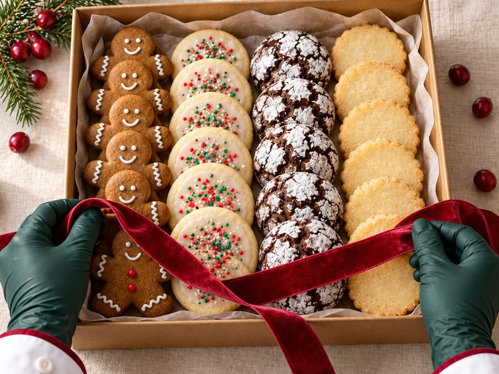 A gift box filled with four kinds of Christmas cookies